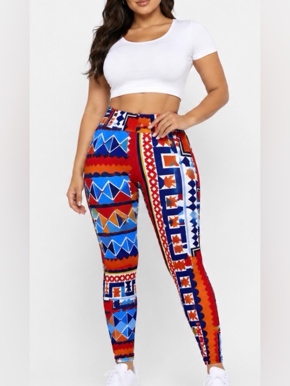 High-Waist Geometric Print Leggings - Red & Blue. New Without Tag. L